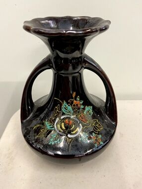 Hand-Painted Floral Ceramic Vase - Brown